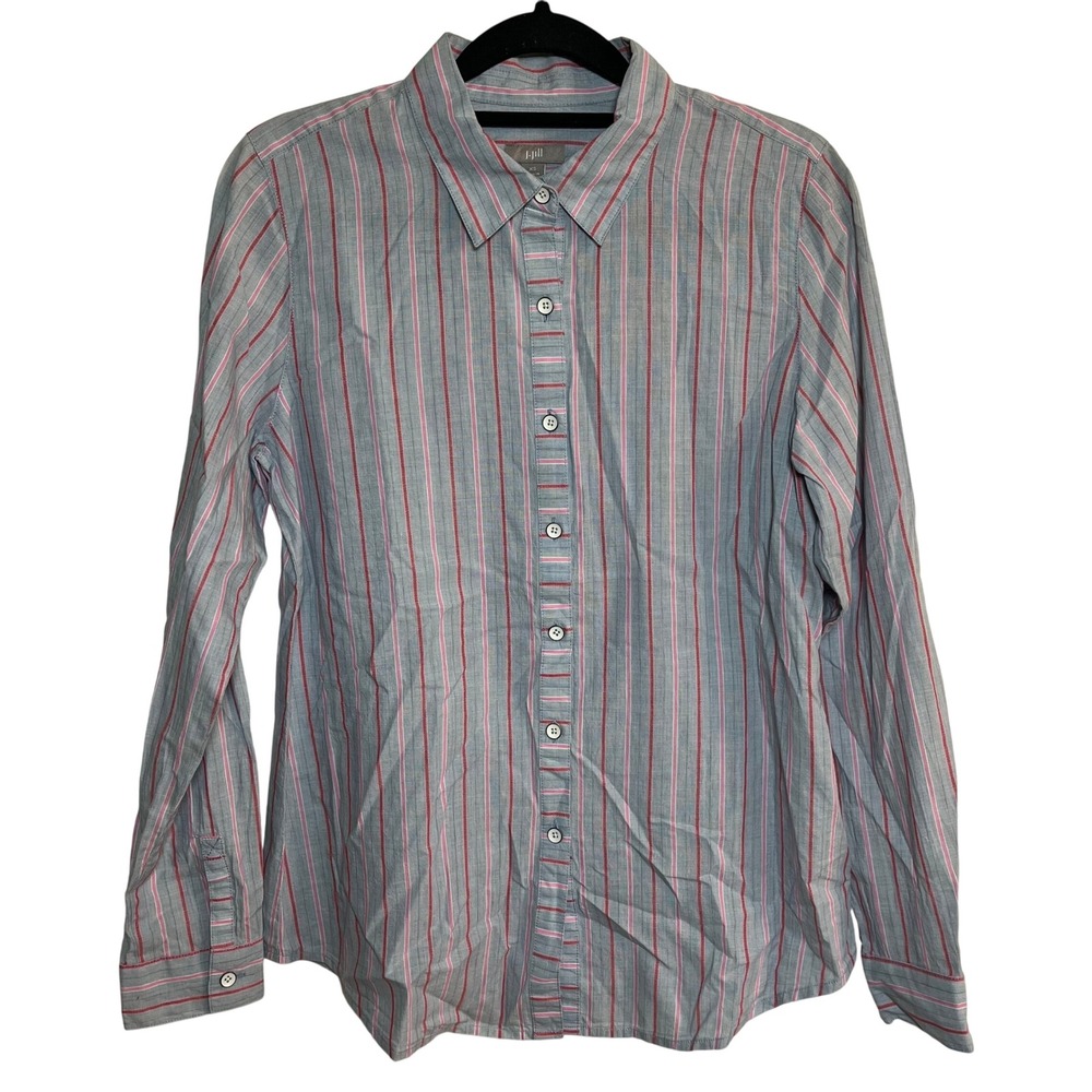 NWT J Jill Button Up Sz XS Vertical Stripe Long Sleeve Gray Pink Office Business